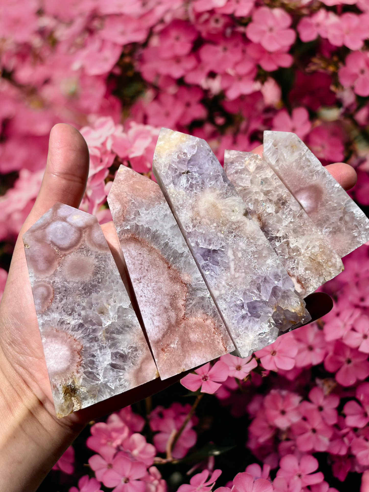 Pink and Purple Flower Agate with Amethyst Tower