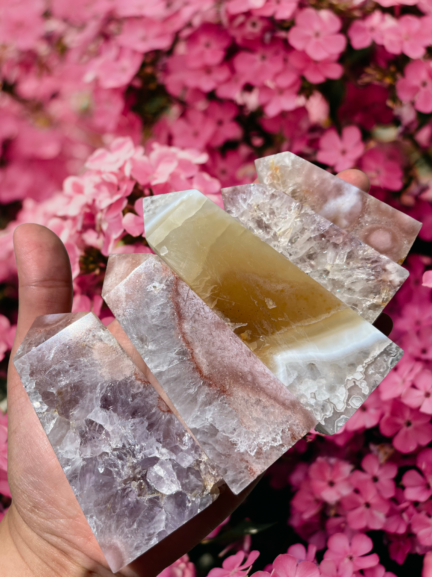 Pink and Purple Flower Agate with Amethyst Tower